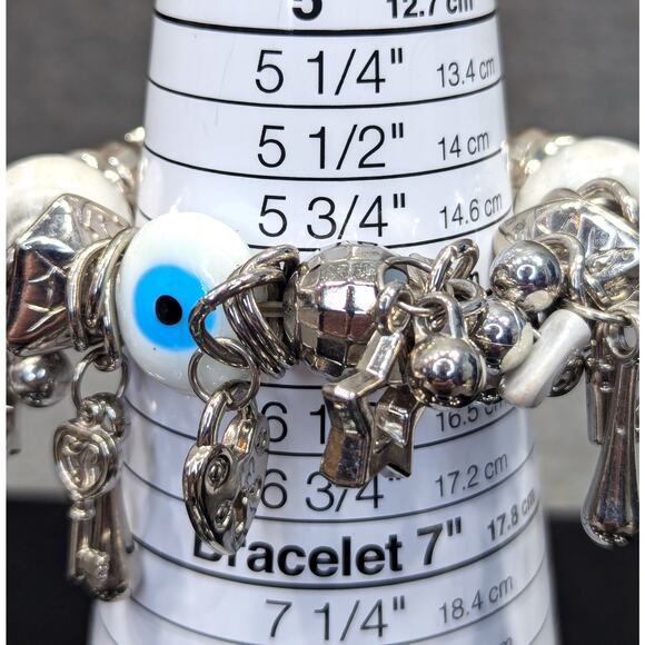 Evil Eye Stretch Bracelet, Silver-tone, Lock/Key/Star Charms, Glass Eyes - Picture 4 of 4